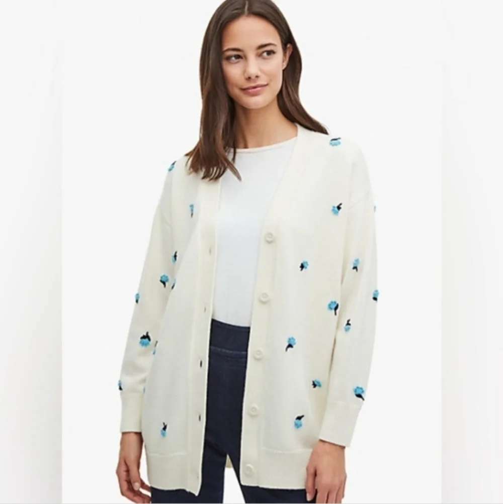 Kate Spade Dainty Bloom Applique Blue And Cream Cardigan Size XS